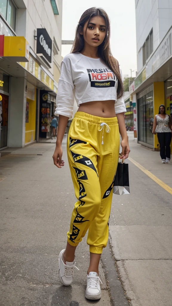 A 13 year old girl with black hair and white skin. Mexican. Wearing big fluffy peach pants with pockets. Jordan shoes. And has a black long sleeve crop top show a little of her belly waist