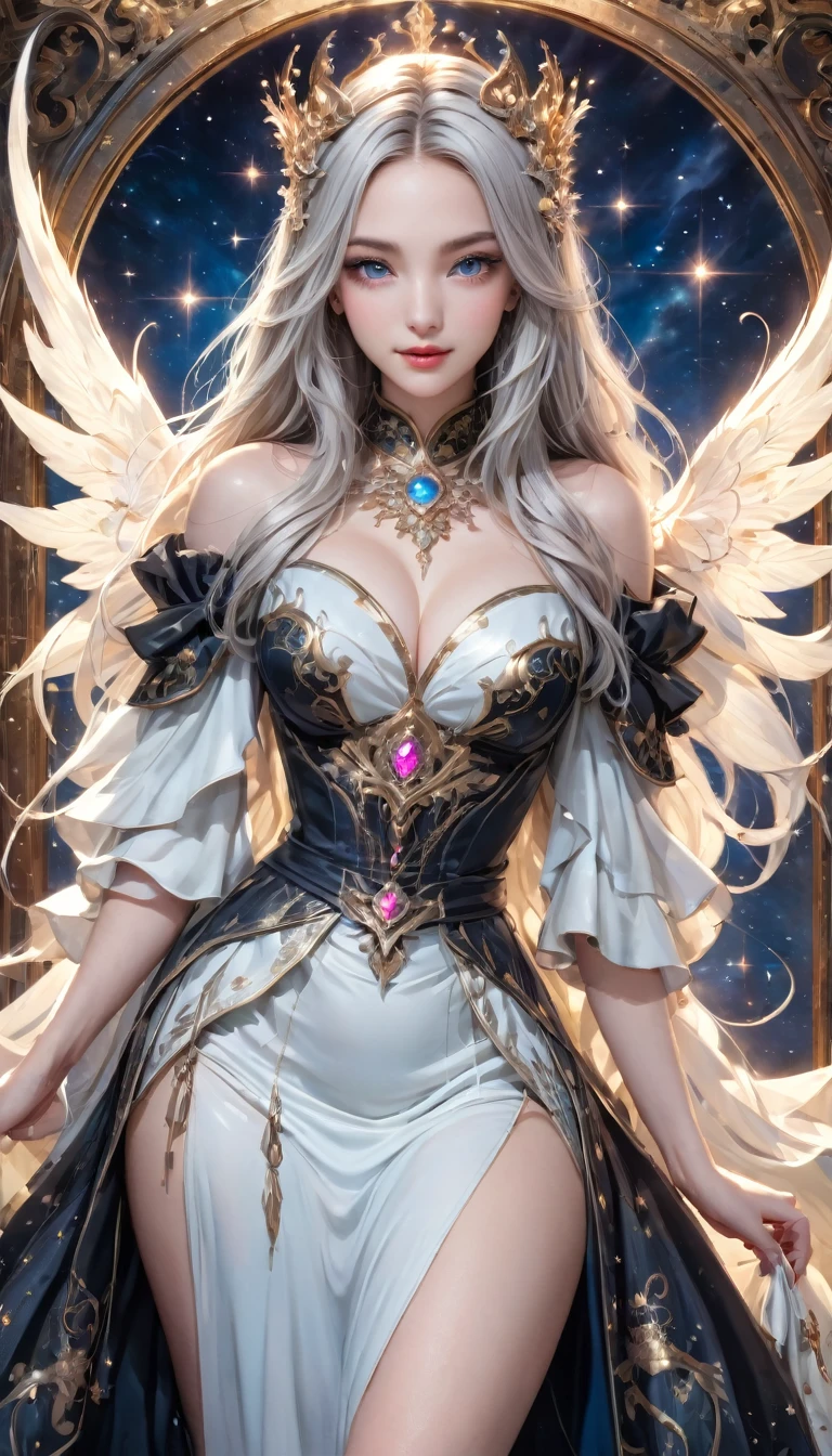 8K resolution, masterpiece, Highest quality, Award-winning works, unrealistic, From above, , sole sexy lady, healthy shaped body, 22 years old, black mage, 165cm tall, huge firm bouncing busts,, white silver long wavy hair, Detailed facial depictions, BREAK, Mysterious blue eyes, Standard nose, Eyeliner, pink lips, sexy long legs, Clear skin, holy knight, Gothic ruffle long dress, A dress with a complex structure, Seven-colored colorful dress, Clothed in flames, royal coat of arms, elegant, Very detailed, Delicate depiction of hair, miniature painting, Digital Painting, artstation concept art, Smooth, Sharp focus, shape, Art Jam、Greg Rutkowski、Alphonse Mucha's、William Adolphe Bouguereau、art：Stephanie Law , Royal Jewel, nature, Symmetric, Greg Rutkowski, Charlie Bowwater, Unreal, surreal, Dynamic Lighting, Fantasy art, Complex colors, Colorful magic circle, flash, dynamic sexy poses, A kind smile, Mysterious Background, Aura, A gentle gaze, BREAK, Small faint lights and flying fireflies, night, lanthanum, From above, looking down on the world below, Starry Sky, milky way, nebula, shooting star