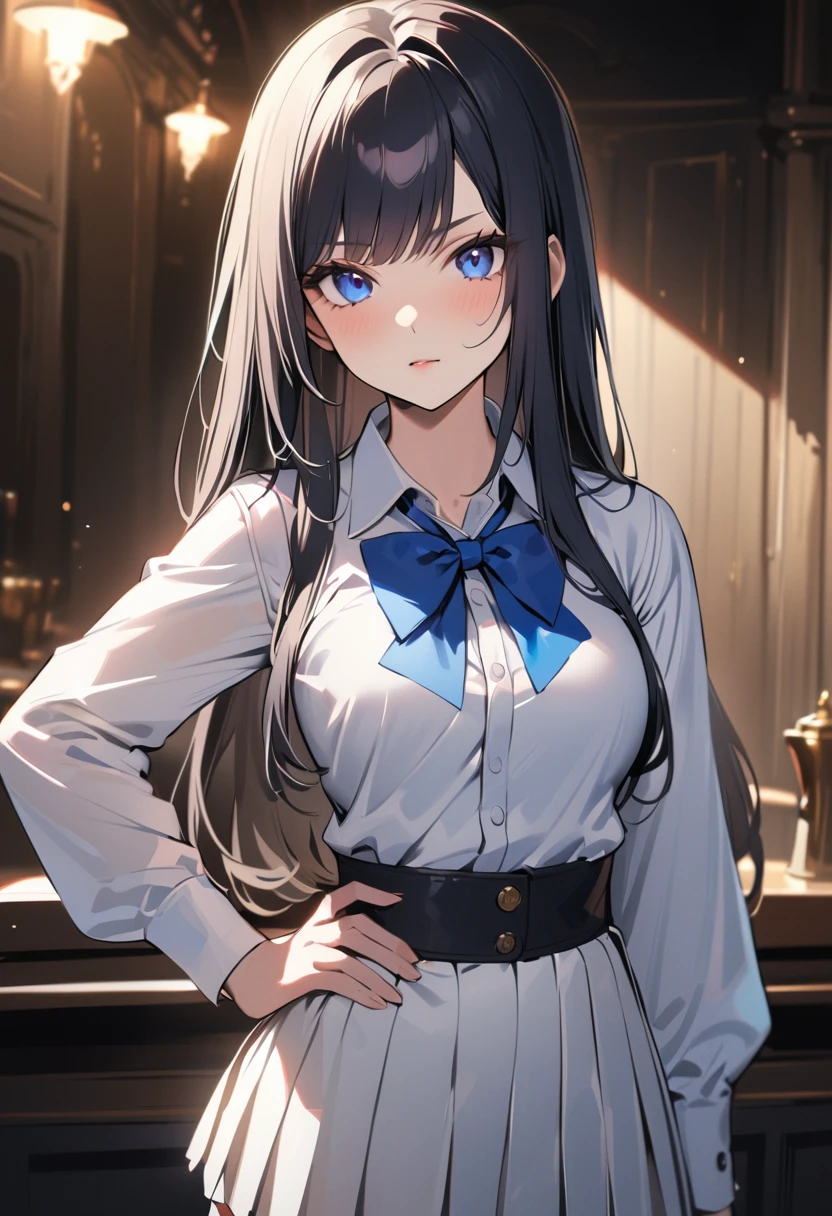 1 girl, long hair, black hair, straight hair, short bangs above brows, happy, 
BREAK (masterpiece), (high resolution 8K), cinematic lighting, professional lighting, detailed eyes and face, detailed body, 
BREAK , blazer, white shirt, blue bowtie, pleated skirt,  
BREAK cowboy shot, dutch angle, 
BREAK night, (depth of field:1.3), portrait, night view, light particles, 