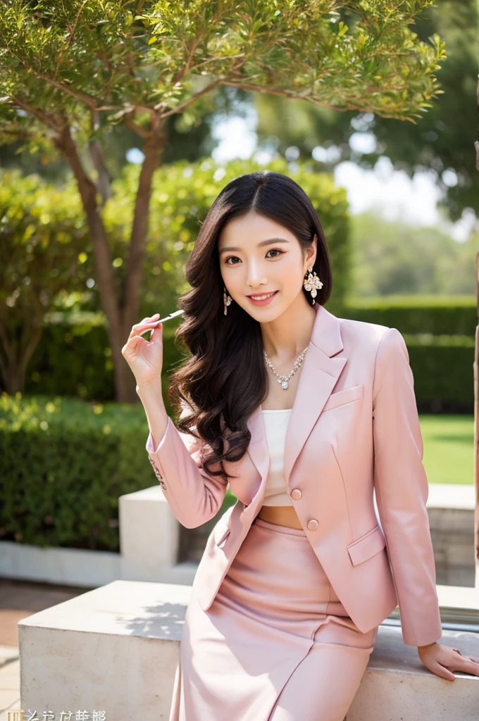 Wedding venue garden,President of import goods sales company,((full body)),((photo)),((best qualtiy, 8K, tmasterpiece:1.3)), Focus:1.2, perfect figure beautiful woman:1.4,1woman,cowboy shot,look at viewer,incredibly absurd, beautiful and cute woman with a photorealistic face, showcasing top-quality craftsmanship, A Japanese woman attending her sister's wedding at a wedding venue, 35 years old, long hair, straight black hair, shiny, silky hair that curls inwards, narrow double eyelids, long eyelashes, pronounced eyebrows, high nose, thin lips, white teeth, bright smile, smooth, honey-colored skin, thin neck, tall, glamorous, slender, F-cup breasts, pale pink suit, knee-length pencil skirt, high heels, diamond earrings and necklace, luxury brand watch, clutch bag, cigar, beautiful, lady-like, pretty older sister, celebrity-like, adult woman, intelligent, calm, kind, playful, sharp-tongued, soothing to those around, refined, elegant, June