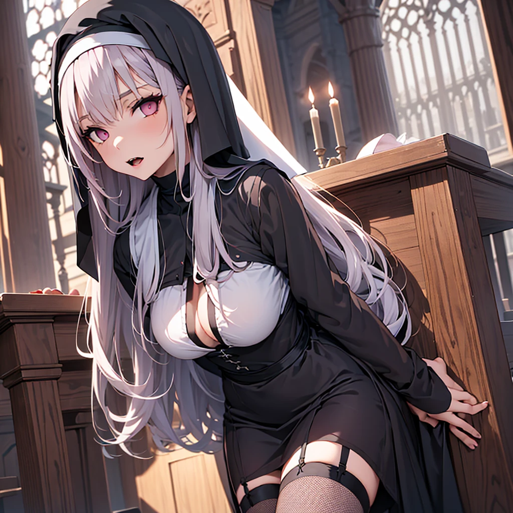 Female, ((dark mauve long hair)), traditional nun habit, slim, vampire, fishnet stockings, light red eyes, religion, fangs