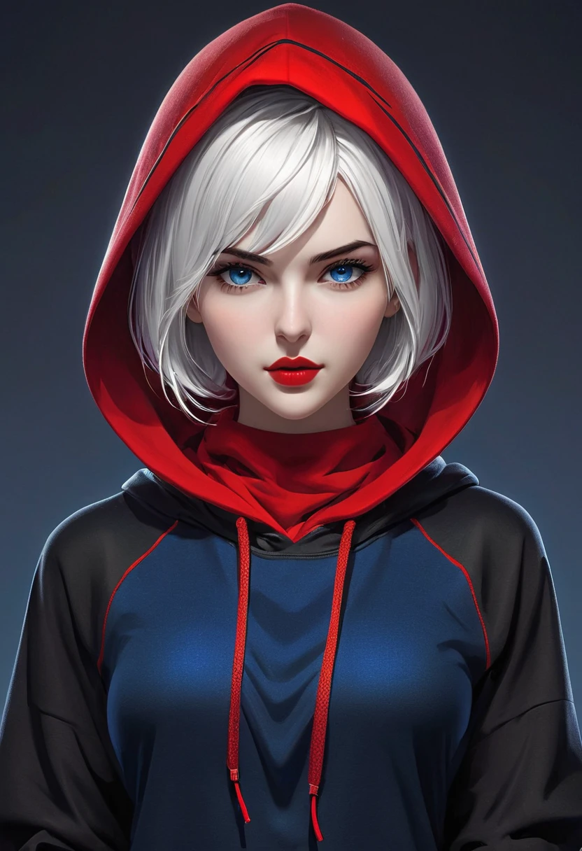 Ashhad style,Extremely detailed,high resolution,Intricate details,(best quality:1.2),(masterpiece:1.2),Extremely detailed CG unity 8k wallpaper,illustration,The original, Delicate face, 1 Girl,White short hair, blue eyes, Mature:1.2, Long red and black fabric hoodie , Black leggings, Red Hood:1.2, Red lips, Red makeup, White running shoes, White background