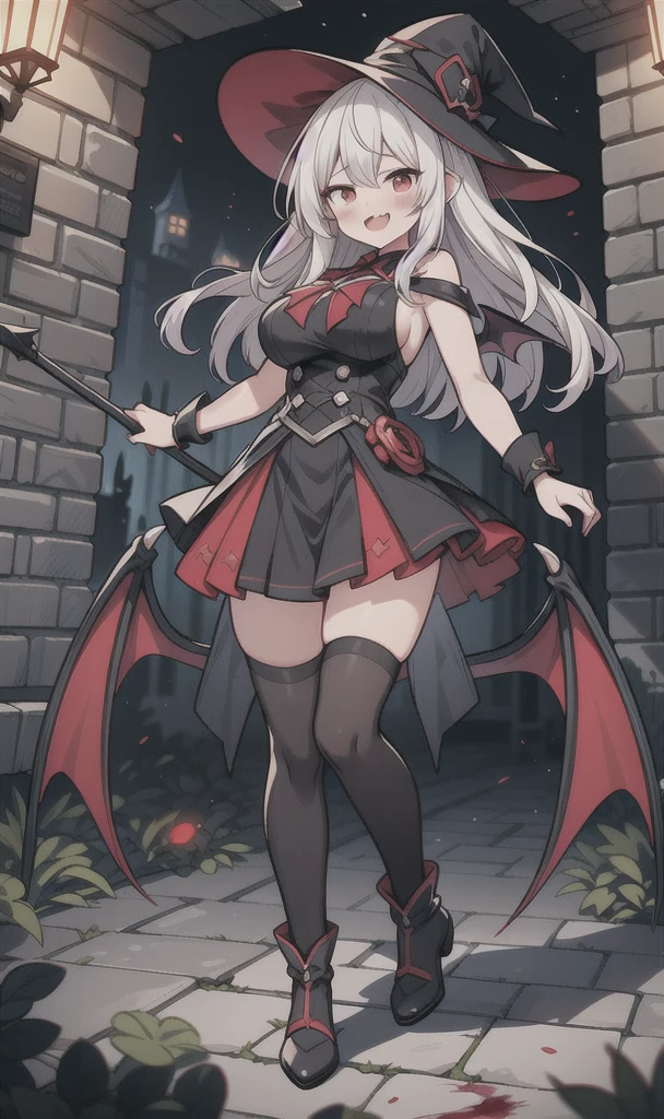 8K,  1girl, solo, sexy vampire witch, white long hair, bright red eyes, showing fangs, bat wings, smile, (blush), (shy), looking at viewer,  dynamic angle, fantastic scenery castle, big breast, show full body, magical girl, white hair, red eyes, black witch hat, demon tail, long hair, big ass, bloody 