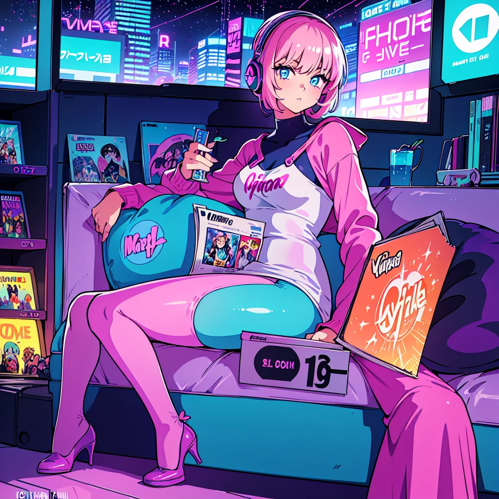 (masterpiece), Highest quality, Expressive eyes, Neon pastel aesthetics, Retro 90s, Neon color,((Girl sitting on sofa,In a cozy room,Records hanging on her wall, Comic books on the floor, Looking out the window behind her at the night city, Upholstered room, Anime figures lined up on a shelf)), Wearing headphones, (All around her it sparkles), (Wearing high socks and heels), (blue eyes), (Soft look), (Synthwave Art Style), Colorful Hair, Desk with PC set up