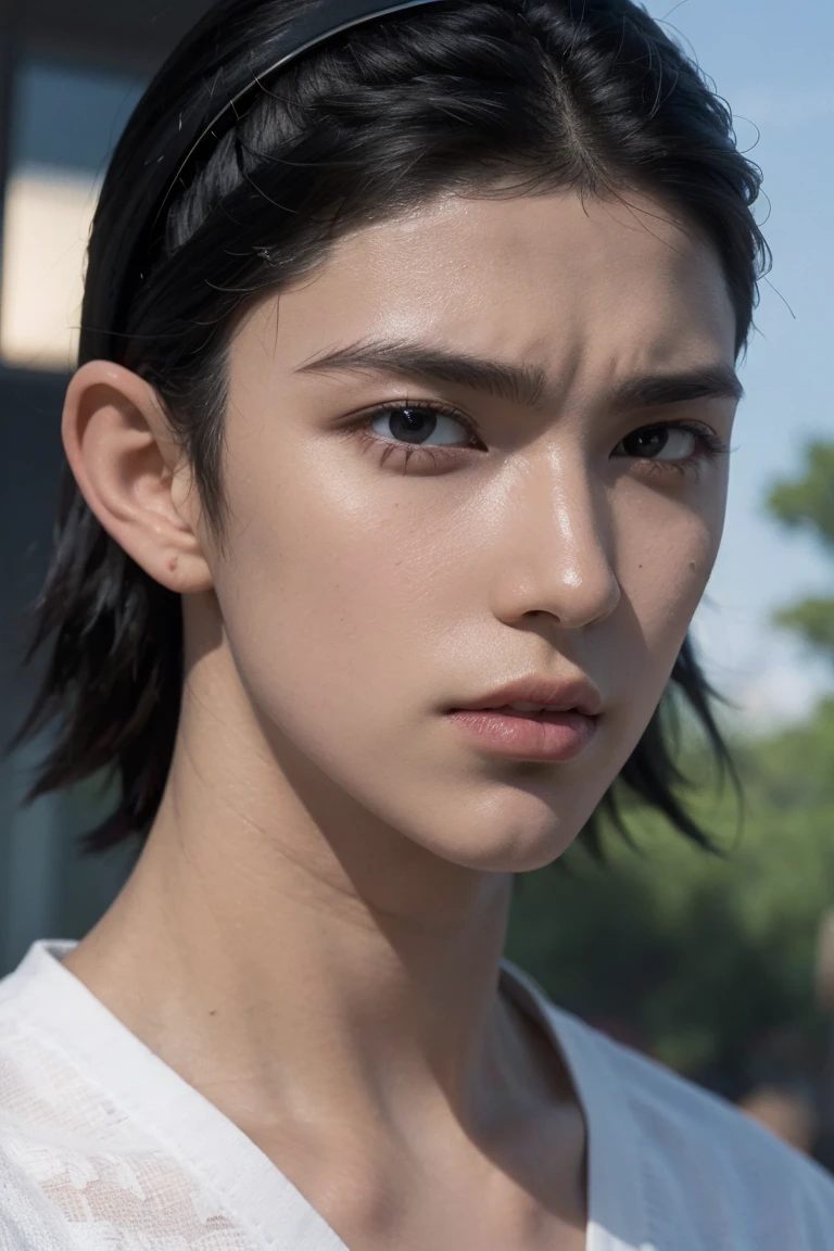 (exceptional, best aesthetic, new, newest, best quality, masterpiece, extremely detailed), 1boy, solo, harimakenji, hairband, looking_at_viewer, annoyed, serious, close-up, sky,white_shirt,