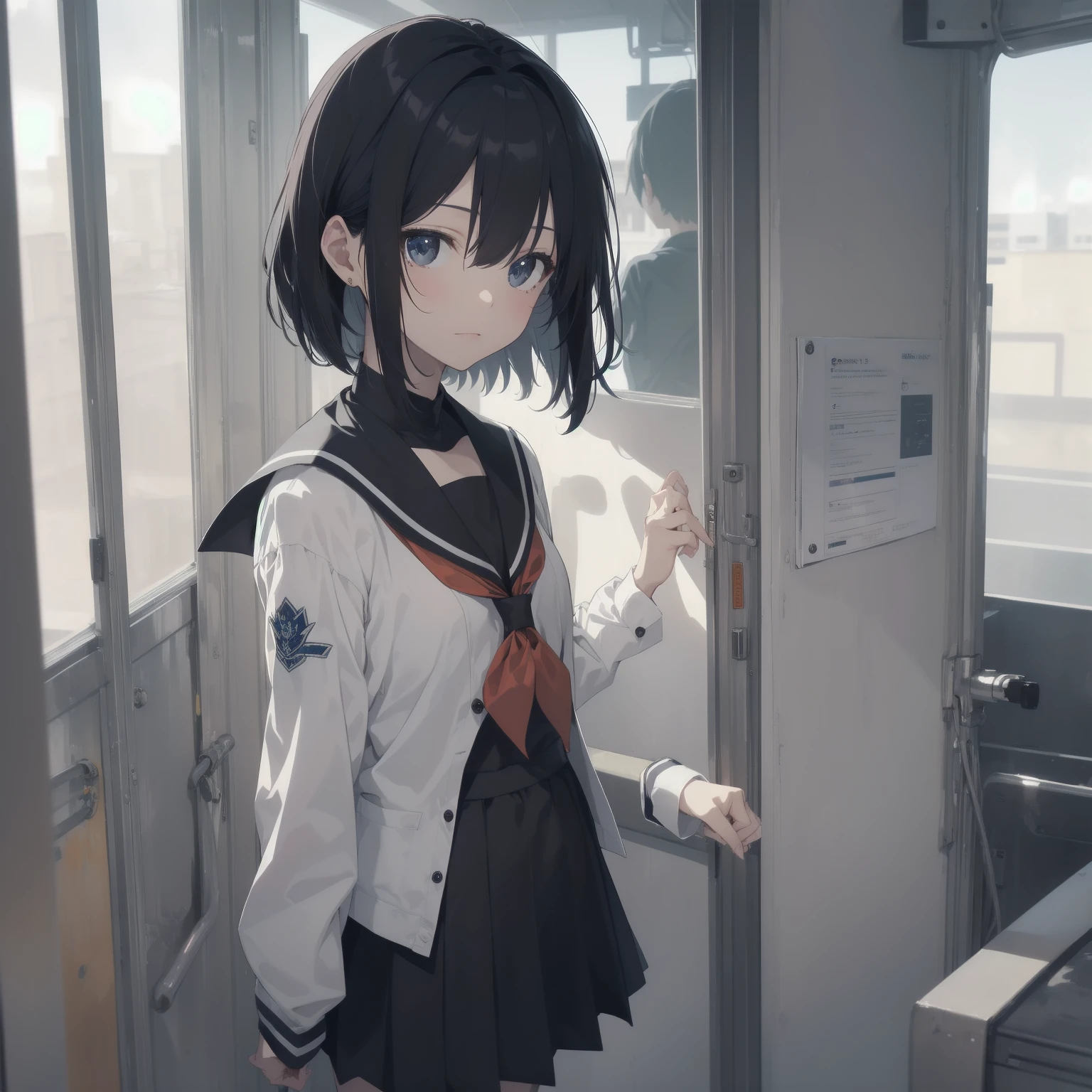 Masterpiece, best quality, high quality, very detailed CG uniform 8k wallpaper, dark room, dim light, shiny hair, school warehouse, messy room, dusty, 1girl, solo, beautiful face, villains short hair, goth, sailor uniform, white shirt, short skirt, very angry, hateful expression, bully, envy, looking at viewer