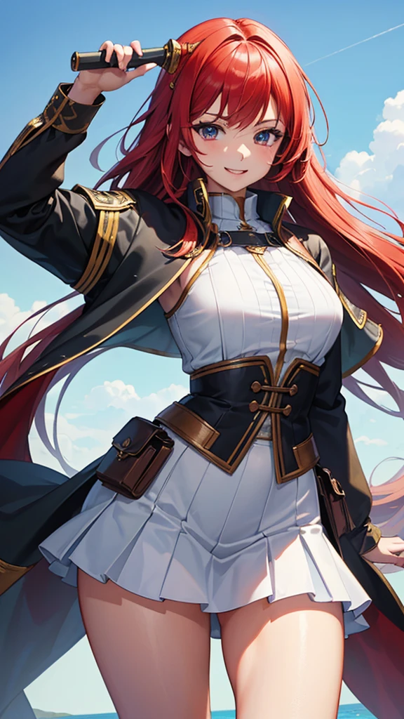 Wicked Smile, (masterpiece, 4K ,Super detailed:1.2), (anime:1), whole body側面図, jRPG Characters, jRPG Characters art, RPG Characters, View Viewer, Red hair, ((Female Swordsman), (Medieval), whole body, (Perfect quality), Pure white background, Lots of white space, Dark skin, whole bodyが写っている, mini skirt