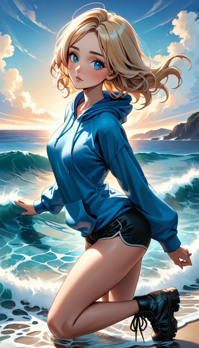 fullbody woman in Blue oversized hoodie and black Elastic shorts  and black hiking boots, , adult, [Nordic], Hourglass elongated fitness body, perfect Olive skin, Oval Face, Long neck, Rounded shoulders, perfect hand,  round forehead, Short blonde Waves pixie hair, snub nose, Arched eyebrows, Monolid blue Eyes, High Round Narrow cheekbones, Dimpled Cheeks, Rounded Chin, Rounded Jawline, Fine Puppet Wrinkles, Full nude Lips, (blue eyes), Nude Makeup Look, long eyelashes, Hourglass-shaped hips, Slim thighs, long slim fitness legs, third breast size, ((dark novel style)),comic book style, (graphic style of novel comics), (2d),
8k, hyperrealism, masterpiece, high resolution, best quality, ultra-detailed, super realistic, Hyperrealistic art, high-quality, ultra high res, highest detailed, lot of details, Extremely high-resolution details, incredibly lifelike, colourful, soft cinematic light,