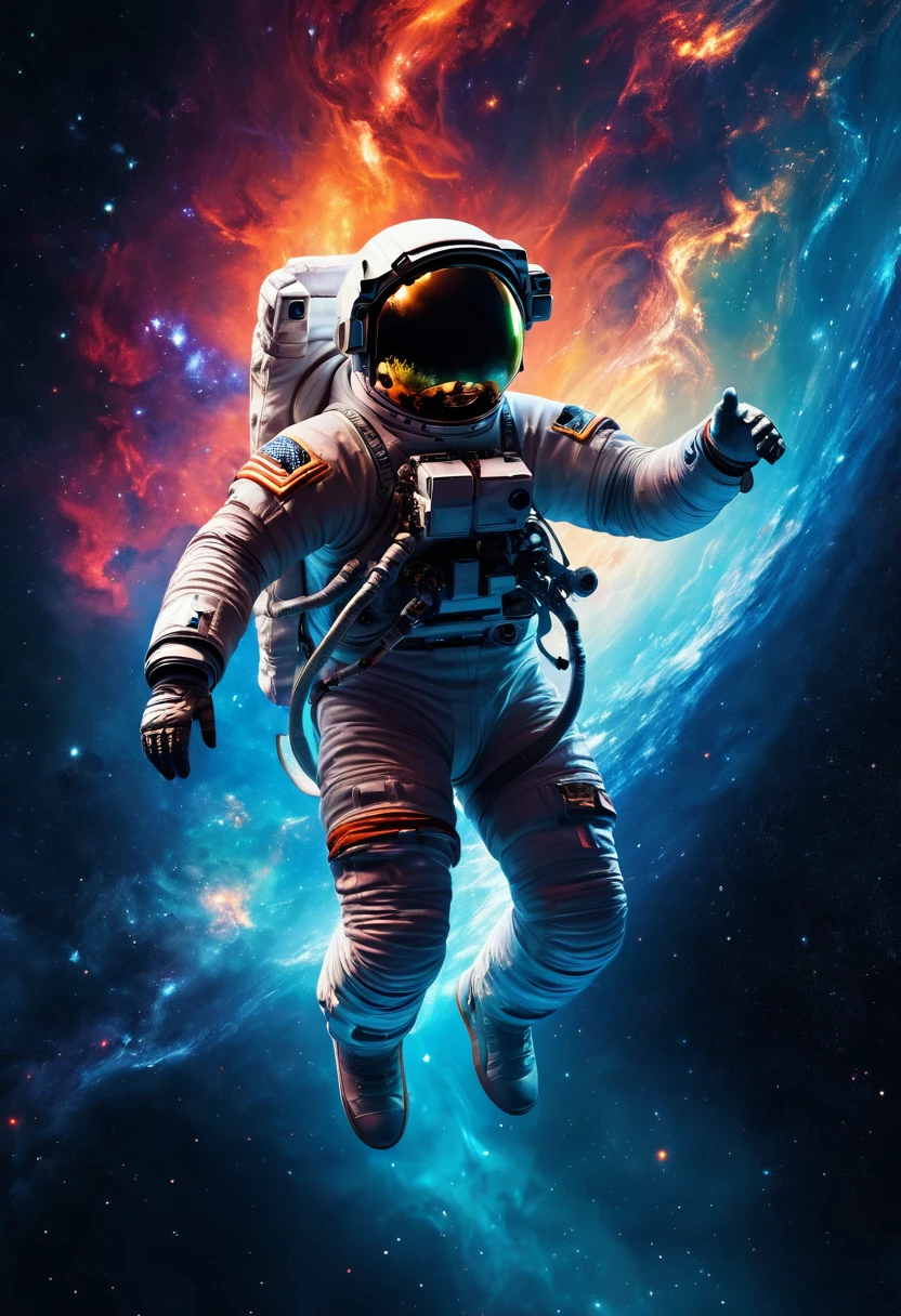 Astronauts looking up into space on the surface of the moon,, (4k, 8k, highres, masterpiece:1.2), ultra-detailed, detailed space suit, galaxy background, cinematic lighting, glowing stars, nebula clouds, volumetric lighting, chiaroscuro lighting, dramatic sci-fi atmosphere, vibrant colors