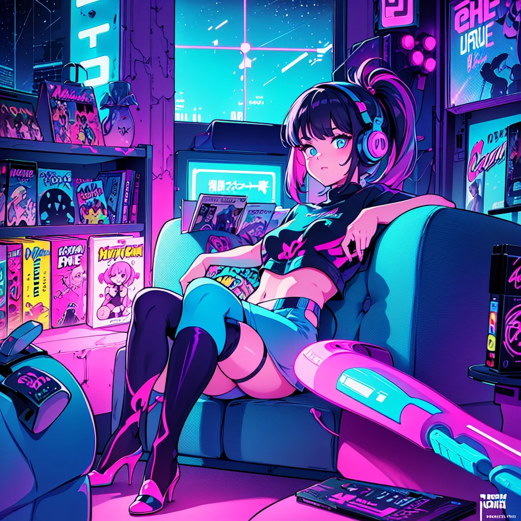 (masterpiece), Highest quality, Expressive eyes, Neon pastel aesthetics, Retro 90s, Neon color,((Girl sitting on sofa,In a cozy room,Records hanging on her wall, Comic books on the floor, Looking out the window behind her at the night city, Upholstered room, Anime figures lined up on a shelf)), Wearing headphones, (All around her it sparkles), (Wearing high socks and heels), (blue eyes), (Soft look), (Synthwave Art Style), Colorful Hair, Desk with PC set up