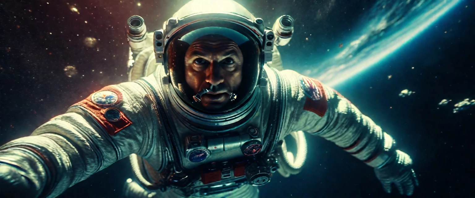a photorealistic USSR's astronaut diving into space, looking directly at the viewer, extremely detailed, best quality, 8k, masterpiece, (realistic:1.37), (photorealistic:1.37), (detailed:1.2), studio lighting, physically-based rendering, ultra-fine details, sharp focus, vivid colors, dramatic lighting, cinematic composition, space environment, stars, nebulae, void of space, earth in the background, viewer is an alien, 