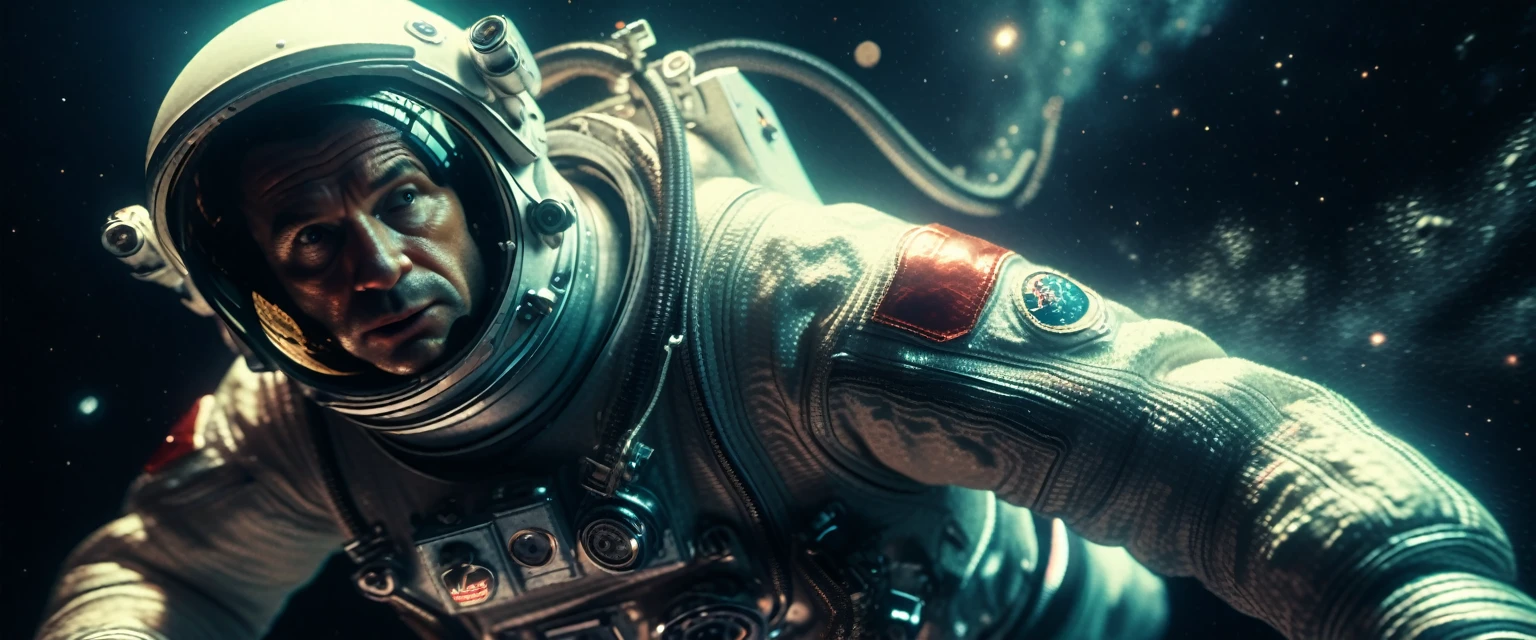 a photorealistic USSR's astronaut diving into space, looking directly at the viewer, extremely detailed, best quality, 8k, masterpiece, (realistic:1.37), (photorealistic:1.37), (detailed:1.2), studio lighting, physically-based rendering, ultra-fine details, sharp focus, vivid colors, dramatic lighting, cinematic composition, space environment, stars, nebulae, void of space, earth in the background, viewer is an alien, 