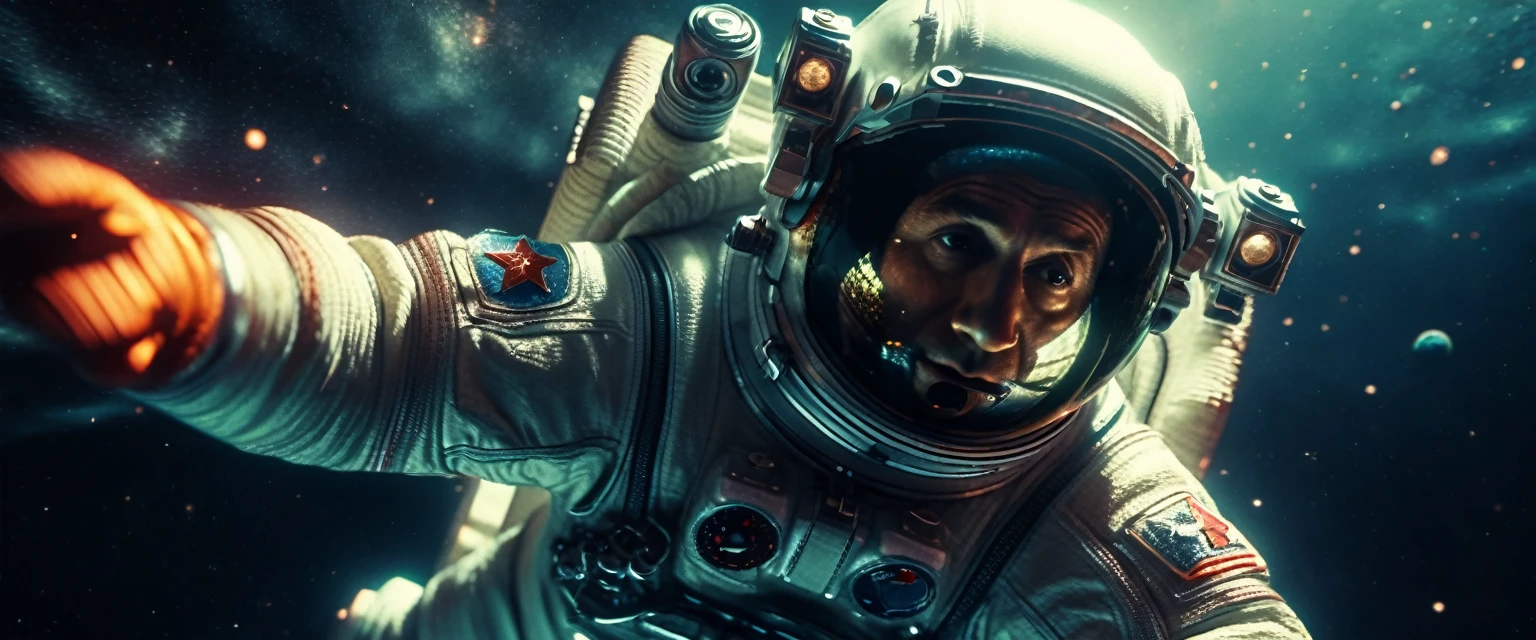 a photorealistic USSR's astronaut diving into space, looking directly at the viewer, extremely detailed, best quality, 8k, masterpiece, (realistic:1.37), (photorealistic:1.37), (detailed:1.2), studio lighting, physically-based rendering, ultra-fine details, sharp focus, vivid colors, dramatic lighting, cinematic composition, space environment, stars, nebulae, void of space, earth in the background, viewer is an alien, 