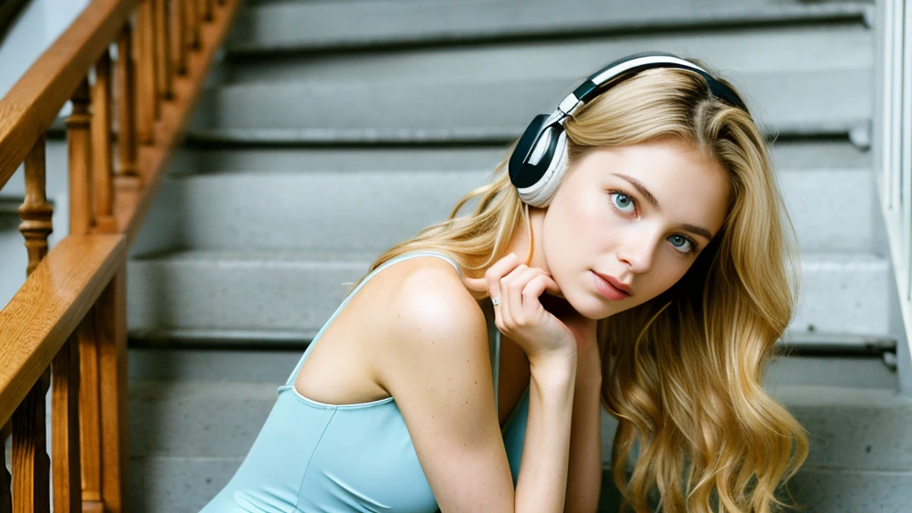 Beautiful blonde with big breasts in a black dress (Western-style mansion at midnight、Leaning against a wall),Wearing headphones,Very detailed, 21 years old, Innocent face, Naturally Wavy Hair, blue eyes, High resolution, masterpiece, Highest quality, Intricate details, Very detailed, Clear focus, Delicate skin, practical skin texture, texture, Delicate eyes, Professional, 4K, Sad face,despair、 Shot with Canon, 85mm, Shallow and deep,  Kodak Vision Color, Exactly, Very detailed, photograph_\(Extremist\), photographpractical, practical, Post-processing, Maximum details, Roughness, Real Life, Extremist practical, Photorealism, photographgraphy, 8K Ultra HD, photographgraphy