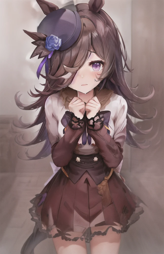 Rice Shower,(masterpiece),figure,(Rice Shower \(umamusume\)),Brown Hair,Long Hair,Purple eyes,Swept-apart bangs,Long bangs,Long Hair,Small breasts,Hair covering the right eye, No clothes,Are crying,rape,