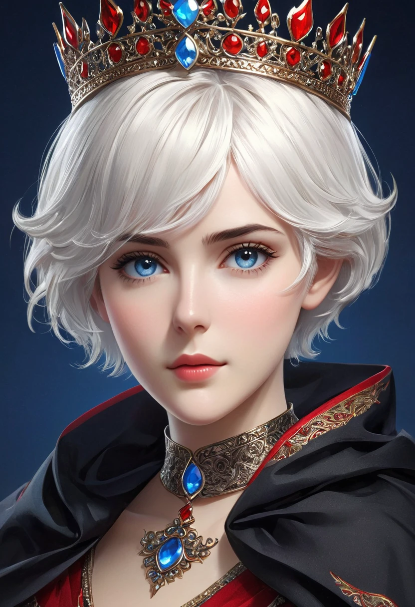 Ashhad style,Extremely detailed,high resolution,Intricate details,(best quality:1.2),(masterpiece:1.2),Extremely detailed CG unity 8k wallpaper,illustration,The original, Delicate face, 1 Girl,White short hair, blue eyes, Mature:1.2, Black cape，Red crown