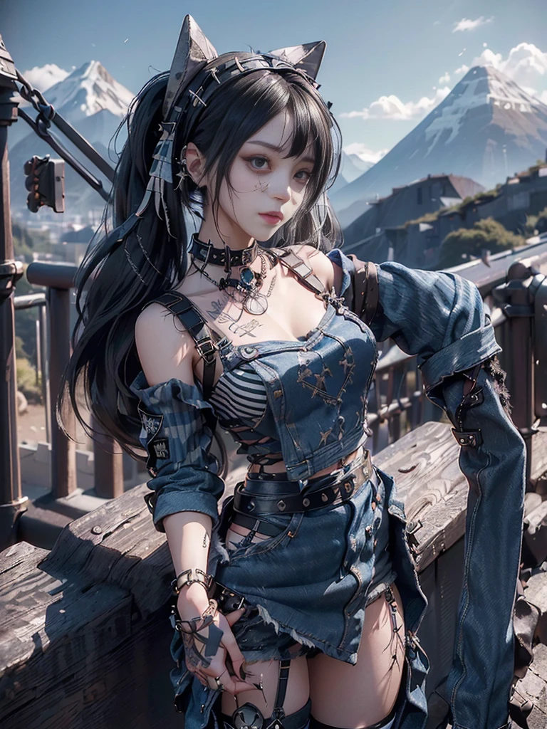 (Full Body View:1.4)、(Full body:1.3)、(Smiling with teeth showing:1.3),(Shibuya Gal:1.5)、(Beautiful:1.3)、(Gothic Lolita style fashion:1.5)、(Punk RockVisual Kei:1.5)、(Wearing a rhythmic gymnastics bodysuit with intricate details:1.4)、(Racing suit and pants with intricate decoration in beige, denim and charcoal:1.5)、(Denim and black and brown boots:1.3)、((belt))、(Numerous delicate logo marks all over the costume:1.4)、(collar:1.3)、(Polka dot underwear:1.5)、20-year-old、NSFW、((Highest quality、In 8K、masterpiece:1.3))、Sharp focus:1.2、(Layered Cut、Huge boobs:1.1),Beautiful woman with perfect figure:1.4、(do a gravure pose:1.3)、Slender Abs:1.2、Highly detailed face and skin texture、Detailed eyes、double eyelid,(Twin tails:1.3)、(Black brown hair:1.3)、Gravure idol、(The background is a vast mountain々Beautiful European tourist destinations:1.3)、(Slim body:1.3),(Make your legs thinner:1.4),(clavicle:1.1)