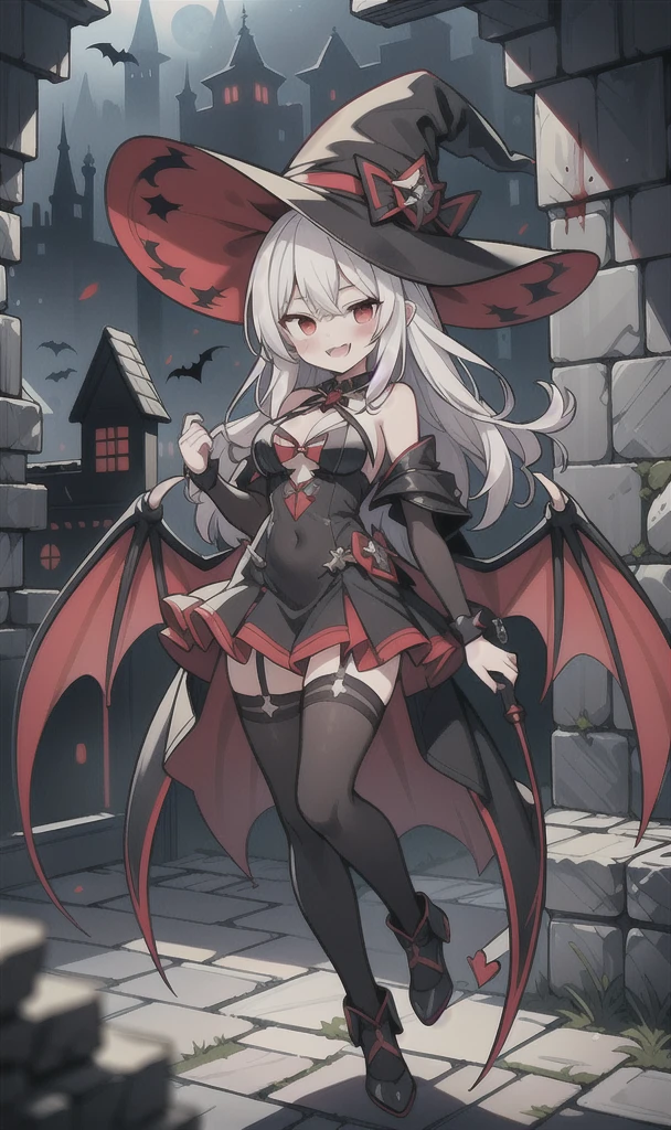 8K,  1girl, solo, adult, sexy vampire, white long hair, blood red eyes, showing fangs, bat wings, smile, (blush), (shy), looking at viewer,  dynamic angle, wind, game cg, fantastic scenery, big breast, show full body, magical girl, dungeons, summon, maho shojo, Gushing Over Magical Girls, white hair, red eyes, black witch hat, demon tail