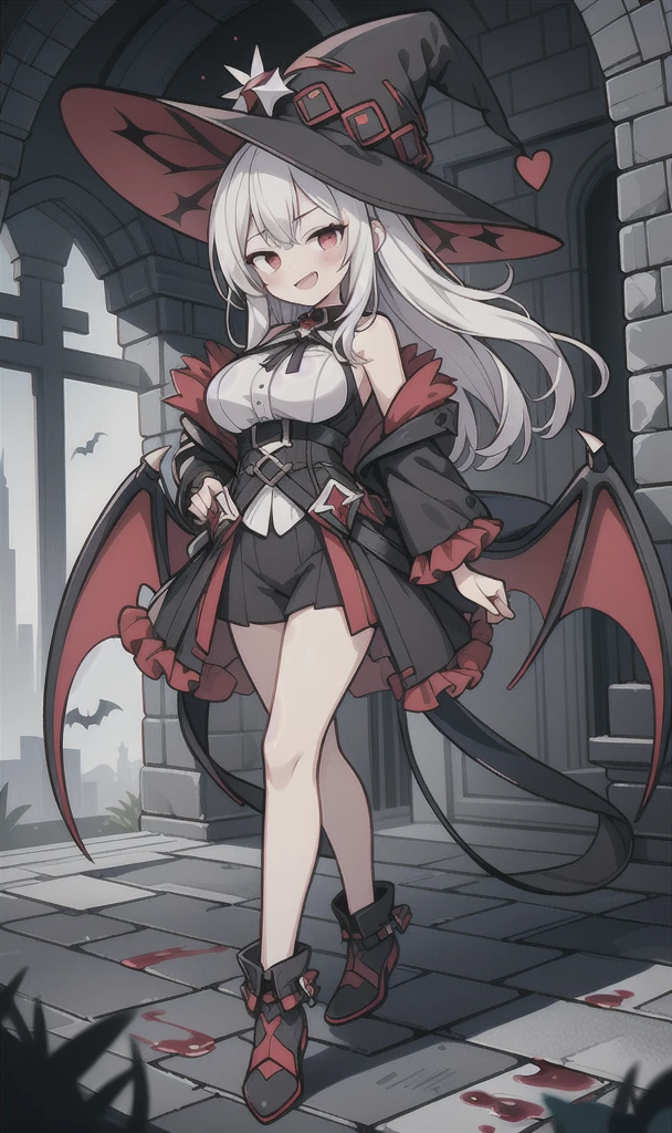 8K,  1girl, solo, adult, sexy vampire, white long hair, blood red eyes, showing fangs, bat wings, smile, (blush), (shy), looking at viewer,  dynamic angle, wind, game cg, fantastic scenery, big breast, show full body, magical girl, dungeons, summon, maho shojo, Gushing Over Magical Girls, white hair, red eyes, black witch hat, demon tail