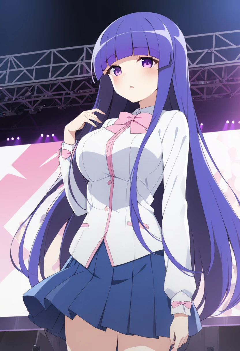 furuderika, long hair, purple eyes, blue hair, blunt bangs, , pink bow, skirt, , large breasts, , pink bow, skirt,　live stage, nipple