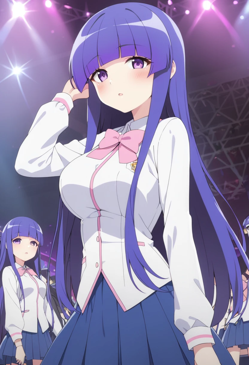 furuderika, long hair, purple eyes, blue hair, blunt bangs, , pink bow, skirt, , large breasts, , pink bow, skirt,　live stage