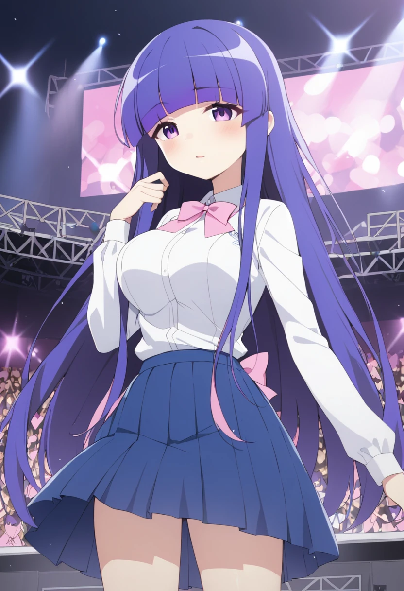 furuderika, long hair, purple eyes, blue hair, blunt bangs, , pink bow, skirt, , large breasts, , pink bow, skirt,　live stage