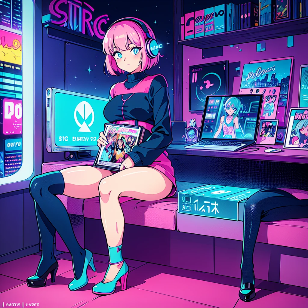 (masterpiece), Highest quality, Expressive eyes, Neon pastel aesthetics, Retro 90s, Neon color,((Girl sitting on sofa,In a cozy room,Records hanging on her wall, Comic books on the floor, Looking out the window behind her at the night city, Upholstered room, Anime figures lined up on a shelf)), Wearing headphones, (All around her it sparkles), (Wearing high socks and heels), (blue eyes), (Soft look), (Synthwave Art Style), Colorful Hair, Desk with PC set up