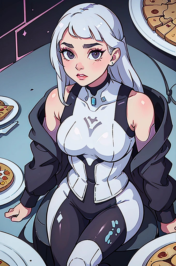 Araffe dressed in a silver corset, sitting at the table with a plate of pizza, cyberpunk art inspired by Hedi Xandt, tumblr, retrofuturism, beautiful cyborg girl pinup, barbie cyborg, cyborg girl, cute cyborg girl, beautiful white cyborg girl, linda cyborg girl, retrofuturistic female android, perfect android girl, beautiful cyborg girl, cyborg - girl