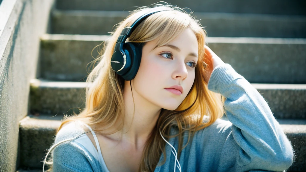 (masterpiece), (best quality, high resolution, Very detailed, illustration), 1 Girl, Solitary, City, contemporary, Profile picture close-up, Long blonde beige hair, Green Eyes, Beautiful and delicate eyes, Squat, earphone, 8k, Popular on artstation, Pixiv Featured