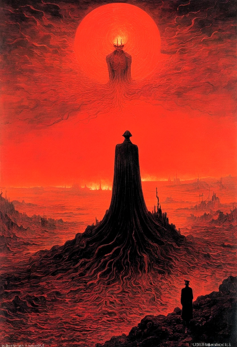 Mythical creatures, author：Zdzislaw Beksiński and Vincent Van Gogh, Album cover, romantic, Surrealism, Futuristic ,Satan, Coral, Wizard, Abstracted, dark, Red/Black, hell, landscape