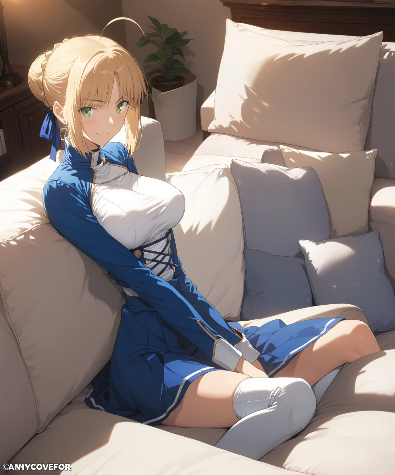 best quality, amazing quality, very aesthetic, 1girl, saber, fate/stay night, 1girl, saber, fate/stay night, , (artist official art:1.5), french braid bun hair, ahoge_hair, green eyes, large breasts, jitome, cinematic light, official_blue_outfit, sit, on sofa, on the family room, happy, smile, blush, night, looking_at_viewer, oily_skin, cool, from_front