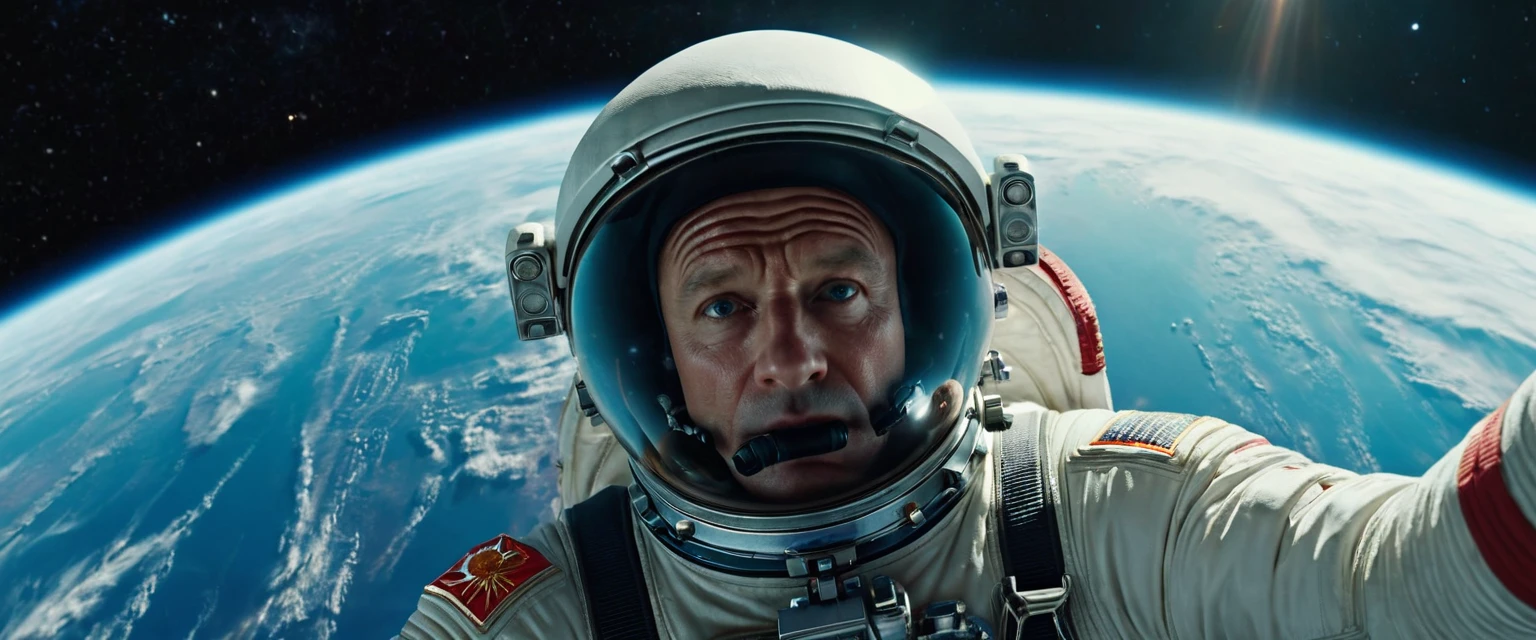 a photorealistic USSR's astronaut diving into space, looking directly at the viewer, extremely detailed, best quality, 8k, masterpiece, (realistic:1.37), (photorealistic:1.37), (detailed:1.2), studio lighting, physically-based rendering, ultra-fine details, sharp focus, vivid colors, dramatic lighting, cinematic composition, space environment, stars, nebulae, void of space, earth in the background, viewer is an alien, 