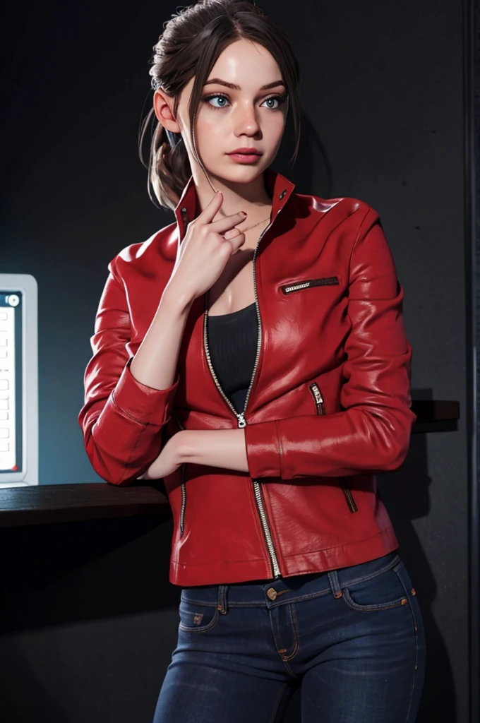 1girl, (realistic),(hyperrealism),(best quality),(masterpiece),(ultra high res),(photorealistic),idol,eye makeup,detailed eyes,detailed face,black dress, posing for a photo, black background, claireredfield2, brown hair, (red jacket:1.2), ponytail, (denim pants:1.3),