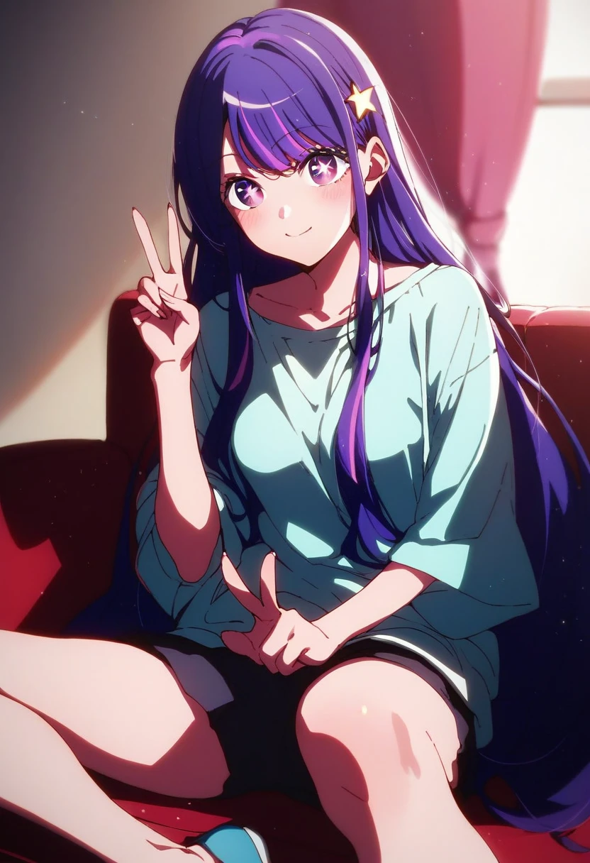 One girl, hoshinoai, alone, Purple Hair, Purple eyes, Long Hair, (star-shaped p上ils), アニメ, star eyes, peace fingers, medium breasts, sitting, spread legs,
