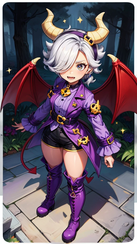 colettetrixie, red skin, sharp teeth, hair over one eye, hairband, demon horns, colored sclera, purple shirt, purple shorts, demon wings,knee high boots,brawl stars skin,lora Collette Trixie. 