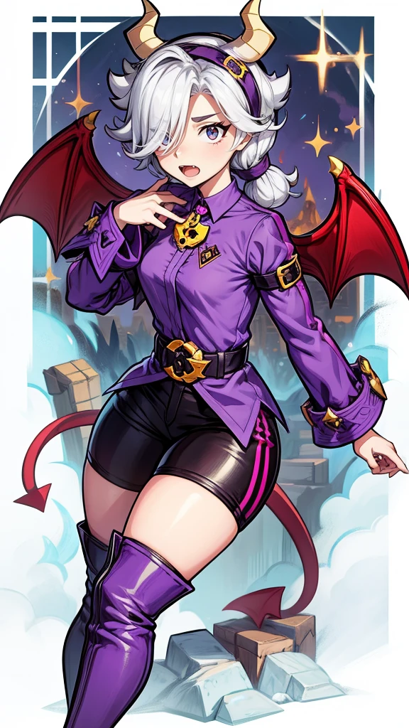 colettetrixie, red skin, sharp teeth, hair over one eye, hairband, demon horns, colored sclera, purple shirt, purple shorts, demon wings,knee high boots,brawl stars skin,lora Collette Trixie. 