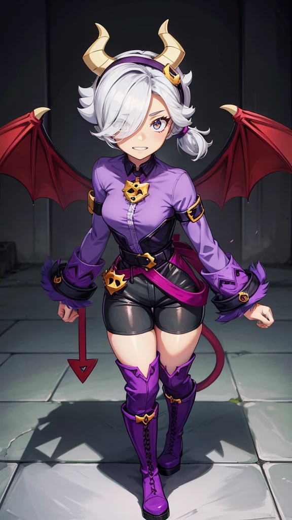 colettetrixie, red skin, sharp teeth, hair over one eye, hairband, demon horns, colored sclera, purple shirt, purple shorts, demon wings,knee high boots,brawl stars skin,lora Collette Trixie. 