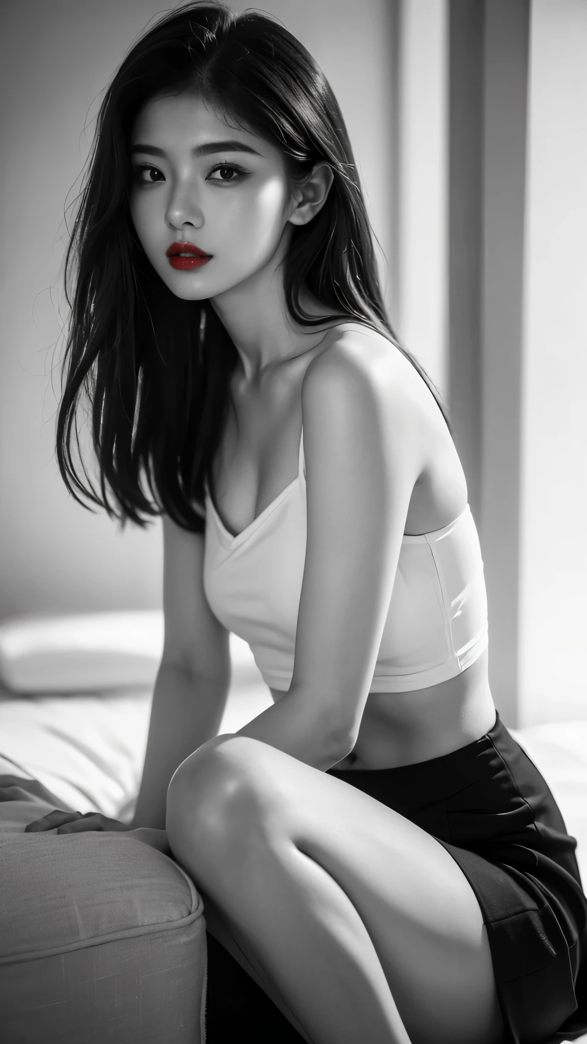 (((Black and White Art:1.2、Black and white photo、RAW photos、Film Grain)))、Beautiful woman、Small nose、((Full lips、Sexy red lips:1.3))、Attractive hairstyle、skirt、best quality、high resolution、high resolution、light、Black and white photo、Professional photographer