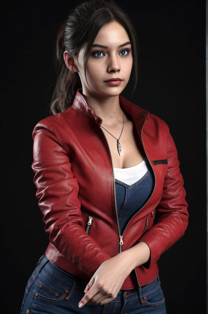 1girl, (realistic),(hyperrealism),(best quality),(masterpiece),(ultra high res),(photorealistic),idol,eye makeup,detailed eyes,detailed face,black dress, posing for a photo, black background, claireredfield2, brown hair, (red jacket:1.2), ponytail, (denim pants:1.3),