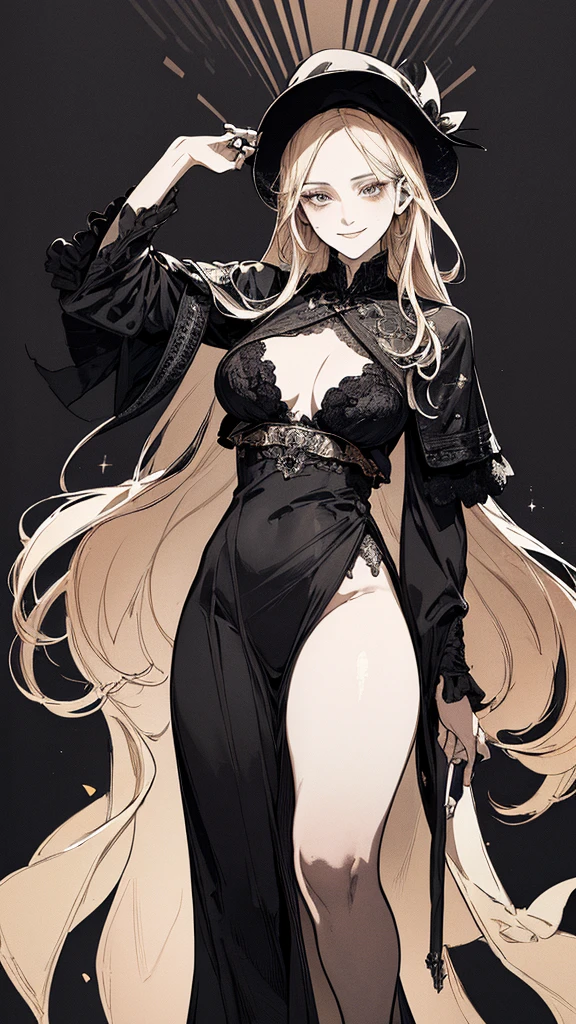 ((masterpiece)),(top quality),(best quality),(((ultra-detailed , 8k quality))), (large masterpiece digital art), (detailed manga ilustration) ,(detailed line art) ,((perfect anatomy)), extremely detailed body, extremely detailed legs, perfect legs, BREAK, Lady wearing a ((long elegant black dress)) with extreme golden details that reveal one leg.