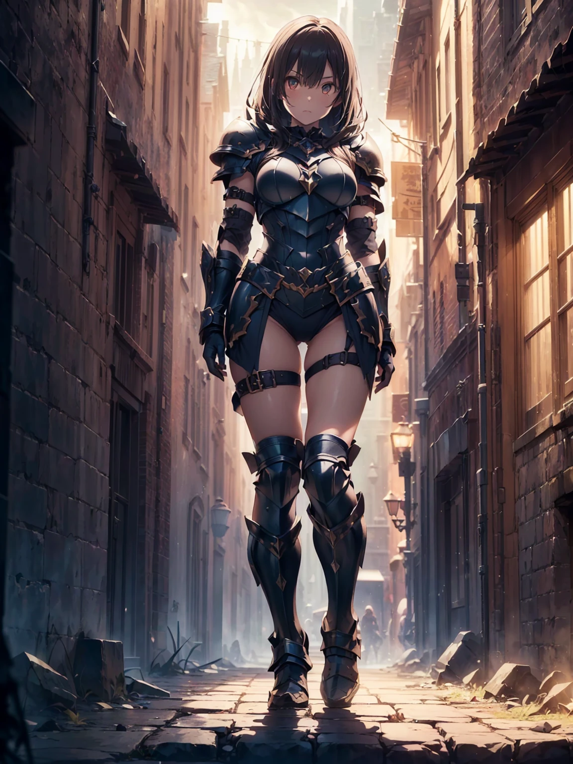 (High Detail:1.2) Anime Girl, (Best quality, Detailed), (dark and serious, blushing, gravelly:1.3, dark:1.2), 1girl, (solo), long braids hair, dark brown hair, ((black eyes)), black skin, small breasts, black plate armor, sinister, intense look, grass, background dark, Volumetric light, hyper realistic, super detailed, Dynamic pose, kneeling, rear view, (very sexy body, detailed face, detailed eyes, masterpiece, highly detailed, 8k, best quality, vibrant colors, digital art, concept art)