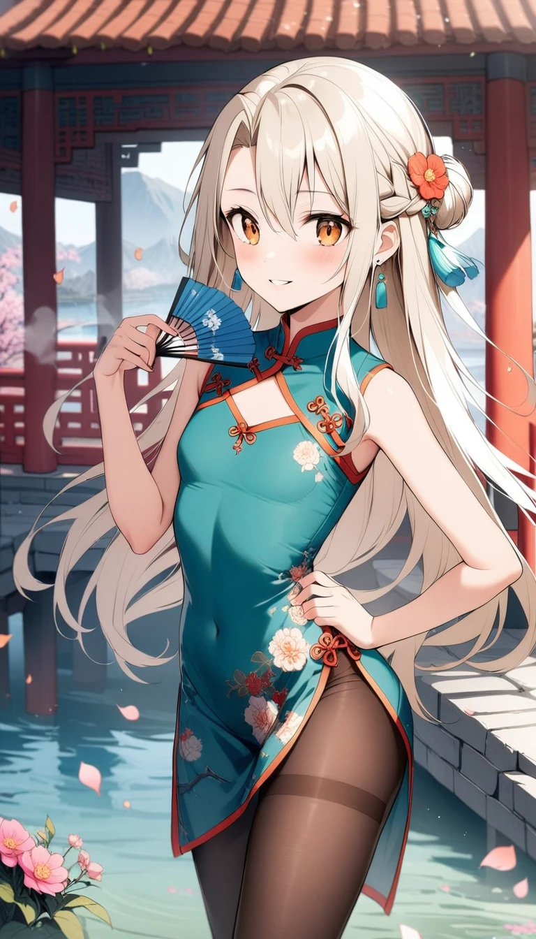 1girl,(illyasviel von einzbern),red_eyes,cream hair,(french braid),smile,blush,flower,beautiful detailed_background,small breasts,butterfly,((blue and white porcelain gorgeous qipao,china dress,chinese clothes,dress),gold trim,floral print,folding fan,spank skirt,jewelry,earrings,explicit,flower,general, hair_ornament,peach blossom,long_hair,looking_at_viewer,pantyhose,paper fan,print dress,solo,thighband pantyhose,questionable,sensitive,solo,tassel,tassel_earrings,(spring),Chinese style architecture, Chinese style, lake, ancient town, beautiful and meticulous water, (Fishing boat), pavilion,steam,Surrounding by falling peach blossoms petals,