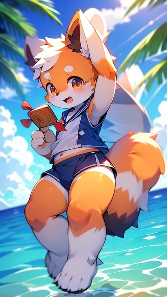 Red Panda Boy,Ocean,Sailor suit standing on feet,Two legs,cute