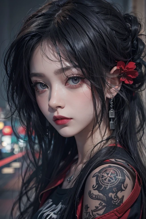 Highest quality、、masterpiece:1.3、Gothic Punk、Red on the inside、Gray Black Hair、hair ornaments、beautiful girl、creative、Punk Shirt、Neogoth、Goth Fashion:1.2、High resolution、masterpiece、Highest quality、頭w:1.3、((Hasselblad Photos))、Fine skin、Sharp focus、(Cinema Lighting)、Explore Tokyo'The city at night beyond the neon lights, Forehead open, 、Petting'Hair back、Shoulder Bare、Small red rose tattoo on the décolletage、Just one tattoo