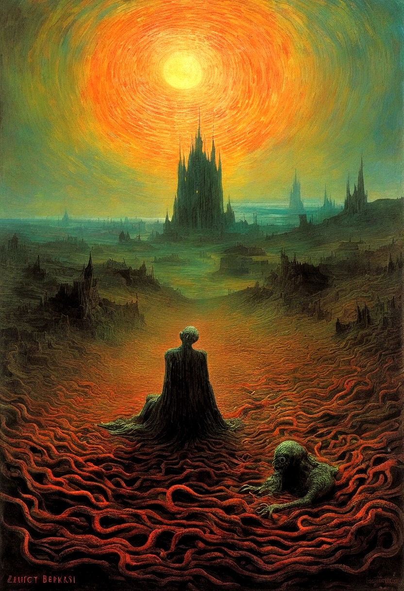 mythical creatures, author:Zdzislaw Beksinski and Vincent Van Gogh, album's cover, romantic, Surrealism, futuristic ,Smiling Corpse, Wizard, abstracted, Dark, landscape
