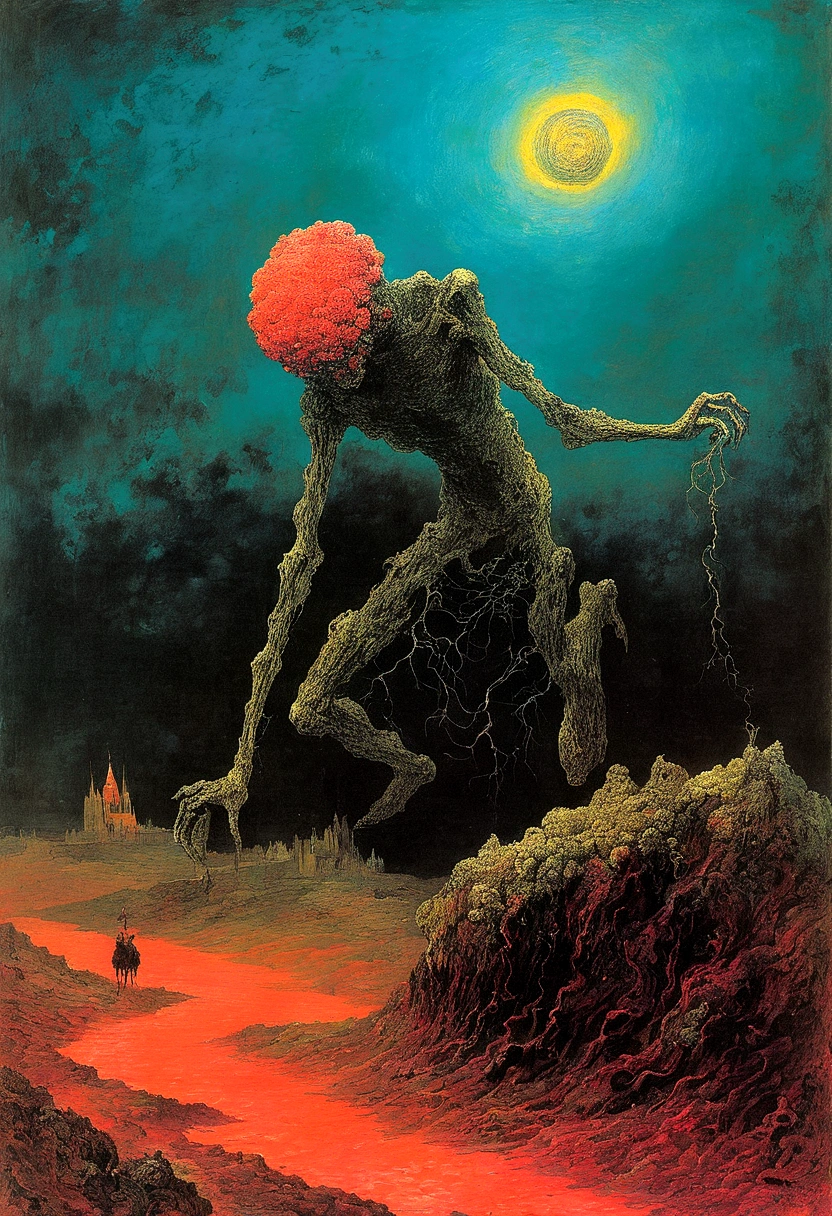 Mythical creatures, author：Zdzislaw Beksiński and Vincent Van Gogh, Album cover, romantic, Surrealism, Futuristic ,Smiling Corpse, Coral, Wizard, Abstracted, dark,  landscape