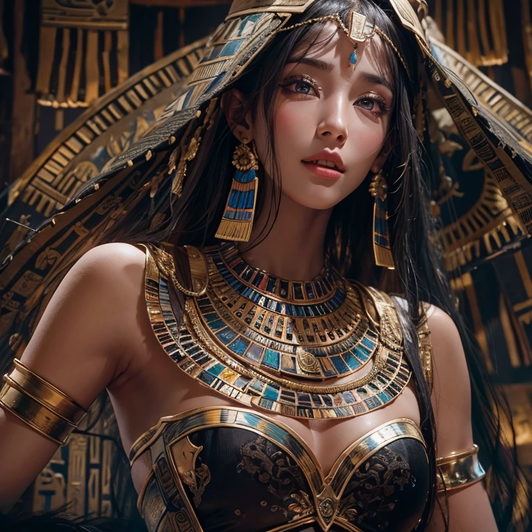 Standing in an ancient Egyptian cave、Blowing hair 、 ((Highest quality、masterpiece、8K、Best image quality、Ultra-high resolution、Award-winning works)、(Accurate anatomy:1.1)、(Look at me and smile:1.0)、Shining fair skin with Ultra-high resolution、The most detailed face、Ultra-high resolution detailed face、Ultra-high resolutionの髪の毛、(Ultra-high resolution eye:1.1)、Beautiful face drawn in every detail、Ancient Egyptian costumes, Chest to chest, Dark atmosphere,Dark Light, Ancient Egyptian makeup,