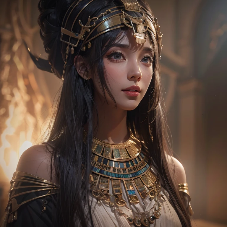 Standing in an ancient Egyptian cave、Blowing hair 、 ((Highest quality、masterpiece、8K、Best image quality、Ultra-high resolution、Award-winning works)、(Accurate anatomy:1.1)、(Look at me and smile:1.0)、Shining fair skin with Ultra-high resolution、The most detailed face、Ultra-high resolution detailed face、Ultra-high resolutionの髪の毛、(Ultra-high resolution eye:1.1)、Beautiful face drawn in every detail、Ancient Egyptian costumes, Chest to chest, Dark atmosphere,Dark Light, Ancient Egyptian makeup,