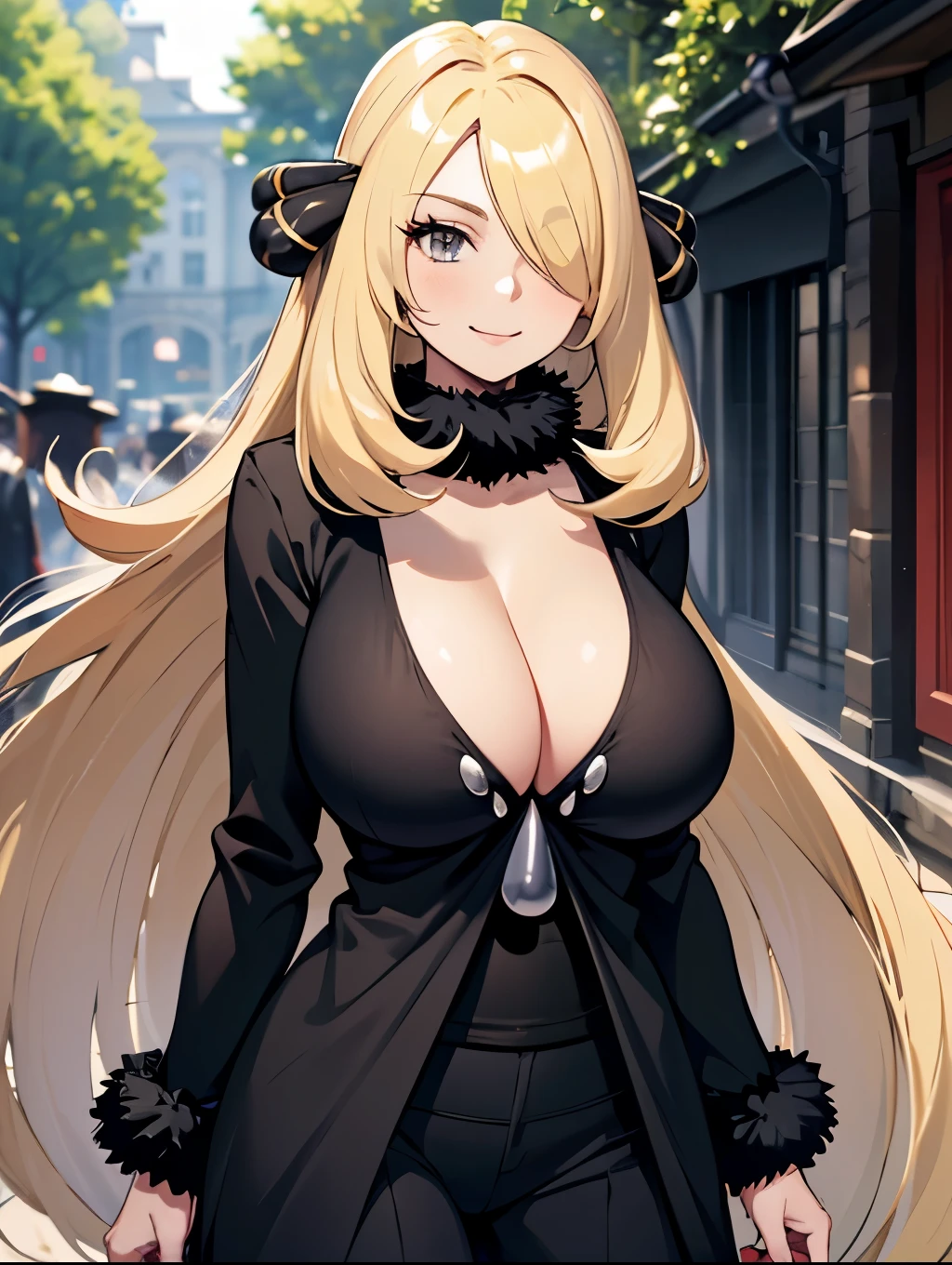 1girl, solo, looking at viewer, grey eyes, floating hair, defCynthia, blond hair, very long hair, hair over one eye, one eye covered, hair ornament, fur collar, smile, cleavage, black gown, long sleeves, black pants, outdoors, cowboy shot, large breasts