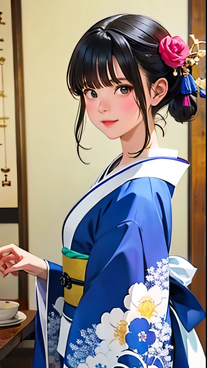 Tabletop, Highest quality, Very delicate and beautiful girl,Very delicate and beautiful, World Masterpiece Theatre, Very detailedな, Very detailed, Highest quality, Very beautiful silky black hair,kimono,Japanese Clothing,落ち着いた色合いのkimono,ナチュラルカラーのkimono, High resolution, Very detailed,1 Girl, Highest quality, shape, Looking at the audience, Material, canvas, Oil, Genuineistic, Realist ,Genuine,Great background,Otherworldly background,